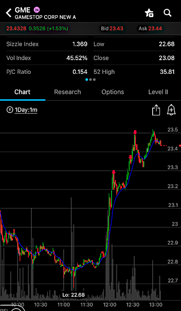 GME stock chart showing price surge following the unusual volume alert